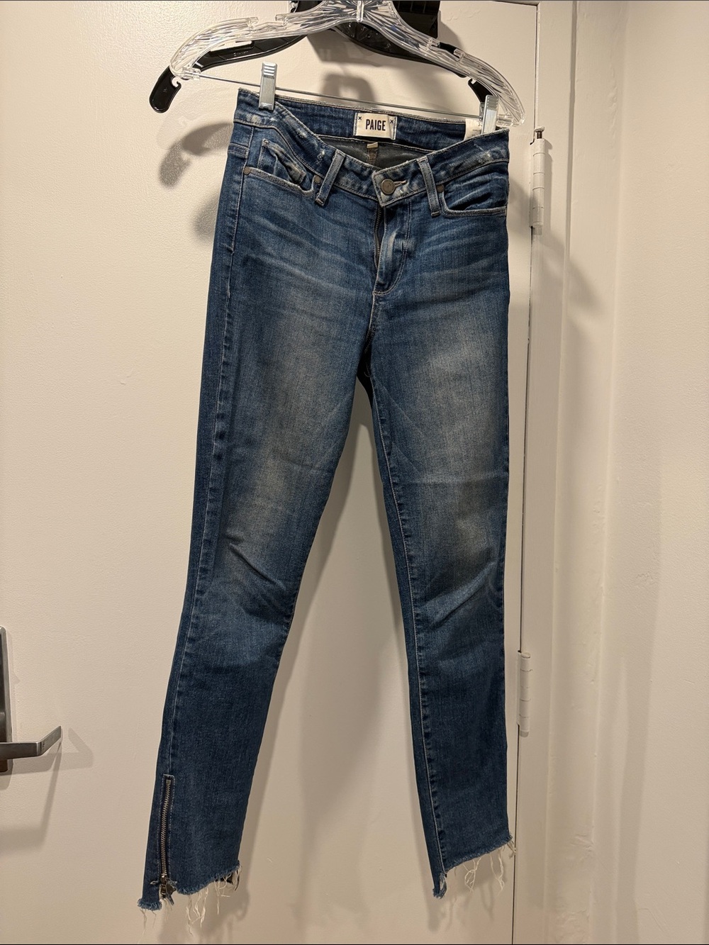PAIGE Dark Indigo High-Rise Ankle Skinny Jeans with Zip Hem